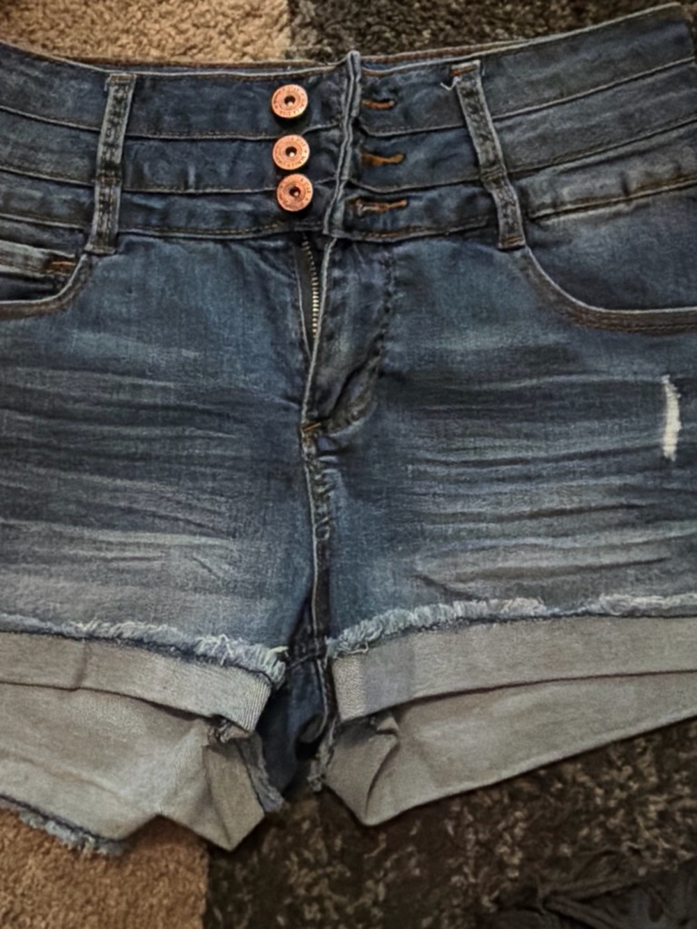Vanilla Star Triple-Button Dark Blue Rolled Hem Jean Shorts